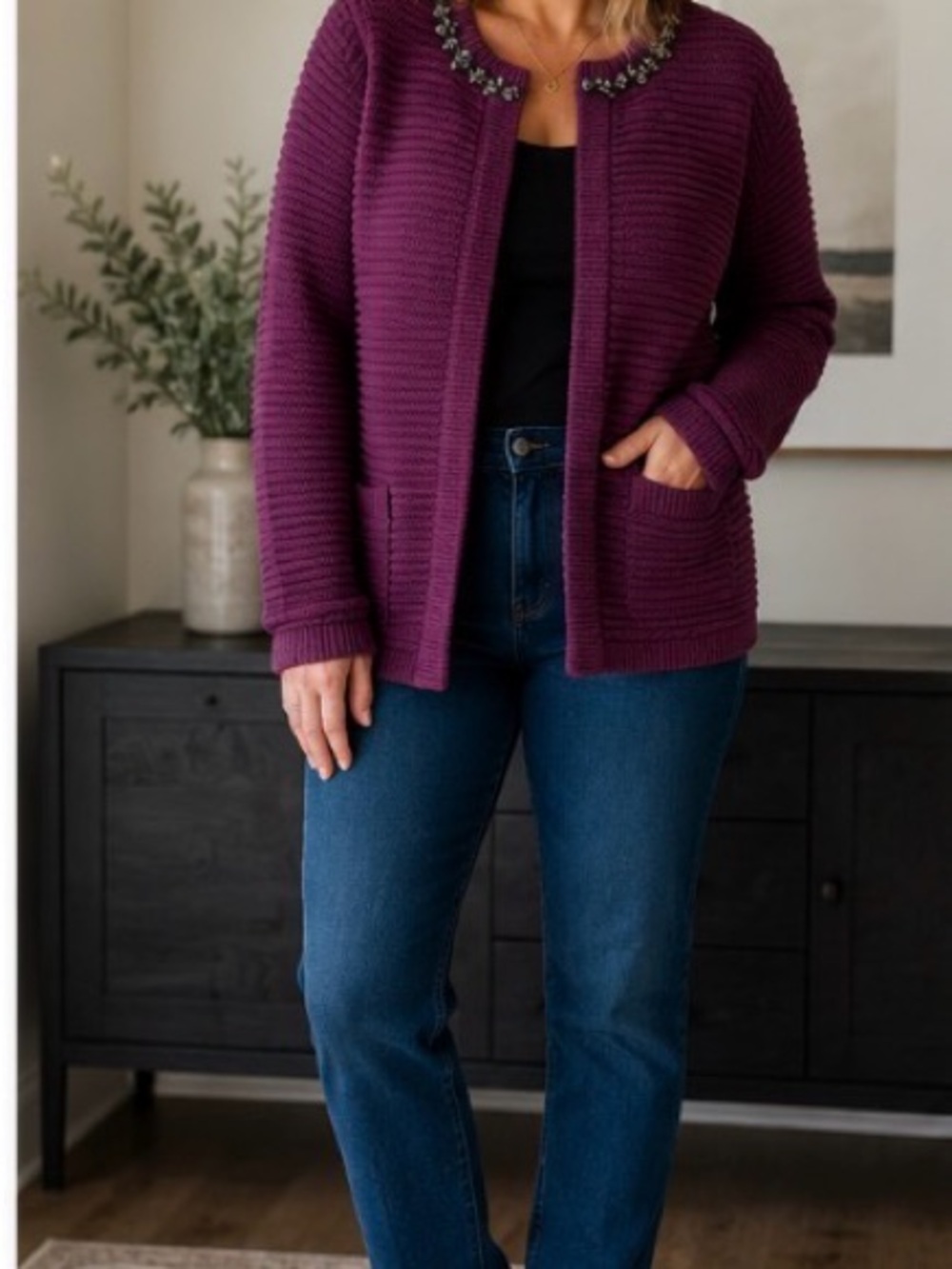 Express Plum Ribbed Open-Front Cardigan with Jeweled Neckline